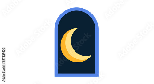 Arched window showing a yellow crescent moon against a dark night sky, symbolizing the start of islamic holy days or ramadan