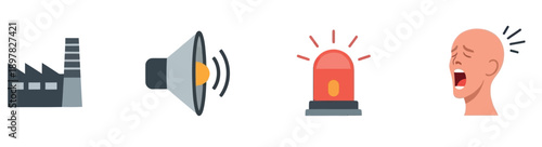 Industrial factory producing loud noise, megaphone alerting with emergency alarm signal, causing a person significant stress and discomfort, valuable for environmental pollution warnings.