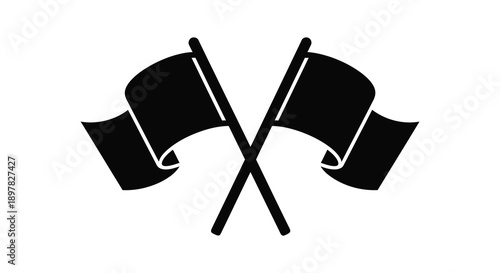 A simple black and white graphic depicting two crossed flags with a waving stylized design high quality professional