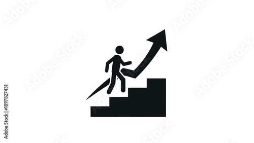 Motivating graphic showing a person climbing stairs with an upward arrow, representing progress, growth, and success, perfect for inspiring business and educational content.