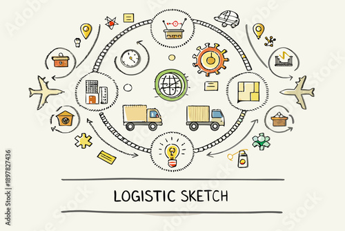 Logistics and supply chain network illustrated with hand drawn icons