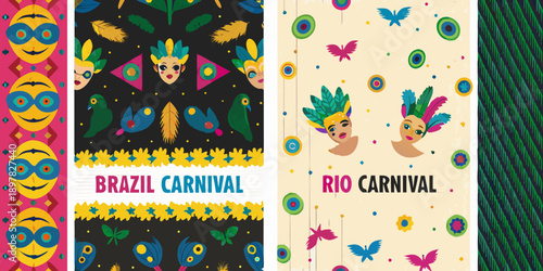 Colorful carnival designs featuring masks feathers and brazilian themes
