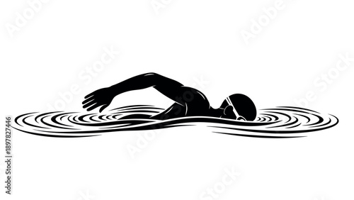 Black silhouette of a swimmer performing the crawl stroke in water with dynamic ripples, ideal for sports branding, athletic club advertisements, or health and fitness promotions.