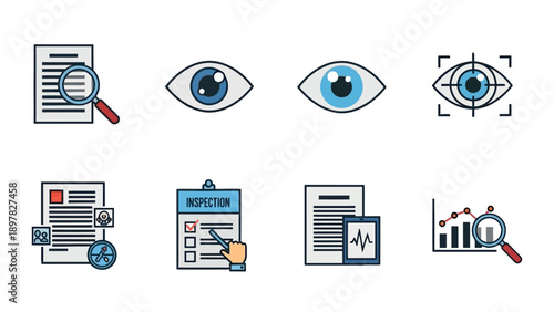 Collection of business process icons depicting document review, visual observation, data analysis, and inspection procedures, ideal for corporate presentations and educational materials