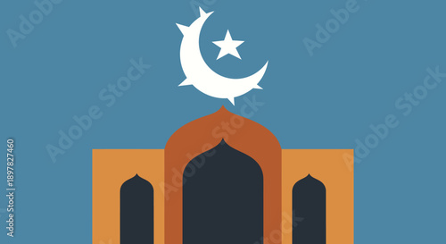 Islamic mosque facade with crescent moon and star symbol above, arabic architecture, traditional muslim building, religious site, worship place, cultural landmark, decorative element