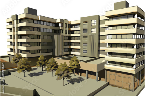 Stylized architectural rendering of a modern apartment building with trees