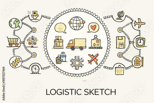 Colorful logistic sketch with various icons representing supply chain management