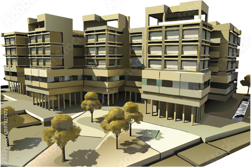 Isometric view of a modern multi level building complex with surrounding landscape