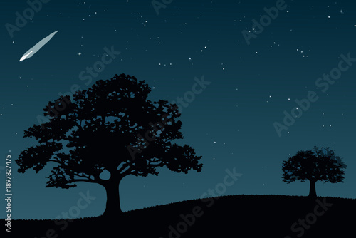 A dark silhouette of trees against a starry night sky with a comet