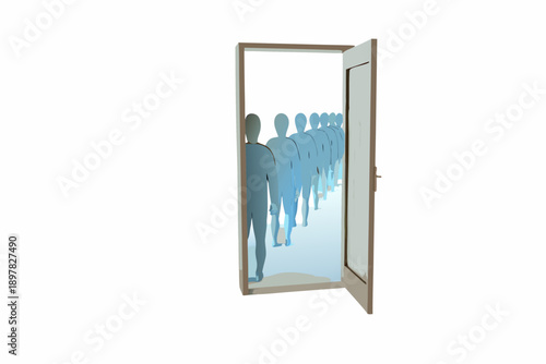 A line of silhouetted figures walking through an open doorway