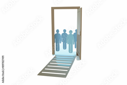 A doorway reveals silhouetted figures suggesting entry or transition