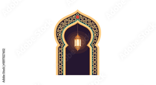 Intricate golden islamic arch with glowing lantern vector graphic for ramadan mubarak backdrop featuring detailed floral pattern and traditional middle eastern design elements