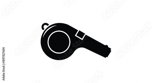 A stark black and white silhouette depicts a classic sports whistle angled slightly isolated on white high quality professional detailed