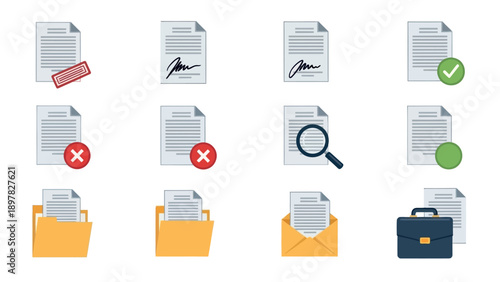 A versatile set of official document icons showing statuses such as stamped, signed, approved, rejected, inreview, archived, and mailed, perfect for business administration and legal