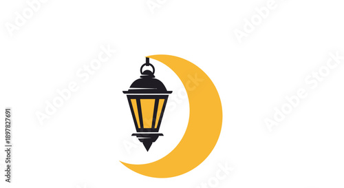 Ramadan crescent moon with hanging lantern vector illustration for islamic holiday greeting card design element featuring traditional arabic style gold moon and black lamp icon