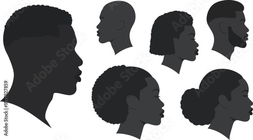 Black men and women profile silhouettes vector with diverse hairstyles