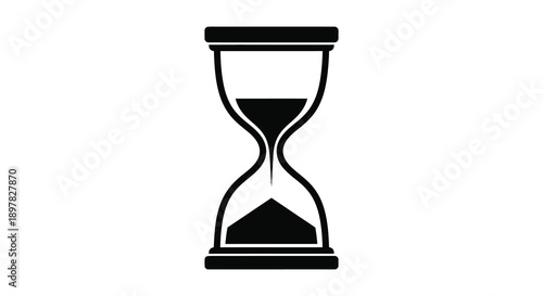 A simple black and white illustration depicts a classic hourglass with sand partially fallen symbolizing the passage of time