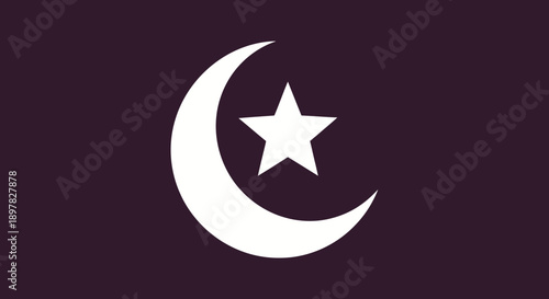 Ramadan crescent moon and star symbol white on dark purple background, Islamic religious symbol representing holy month of fasting and prayer, abstract celestial motif