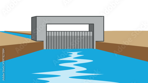 A simple diagram of a water control gate managing the flow of a canal system, perfect for illustrating engineering principles or environmental resource management projects.