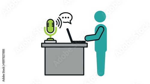 Person recording audio at a desk with a microphone and laptop for podcasting, online content creation, or voiceover work