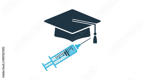 Graduation cap and medical syringe symbolize the intersection of higher education and healthcare, perfect for conveying themes of medical school, scientific study, or a career in medicine