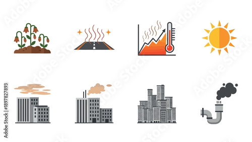Global warming and climate change flat icon set representing environmental issues like heatwaves, drought, air pollution, industrial emissions, and rapid urban growth for educational