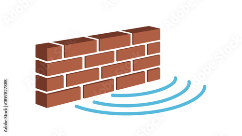 Three dimensional brick wall structure with emanating blue signal waves depicting network security or data protection technology suitable for cybersecurity applications
