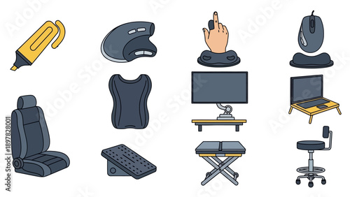 Collection of ergonomic office accessories and comfortable work from home equipment including specialized mice, wrist rests, back supports, footrests, monitor stands, and laptop desks for