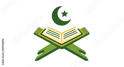Holy quran book on wooden stand or rehal with crescent moon and star illustration. simple flat design vector illustration