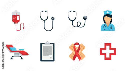 Collection of essential medical healthcare icons including a dedicated nurse, a classic stethoscope, a blood transfusion bag, a patient examination chair, medical clipboard, an AIDS