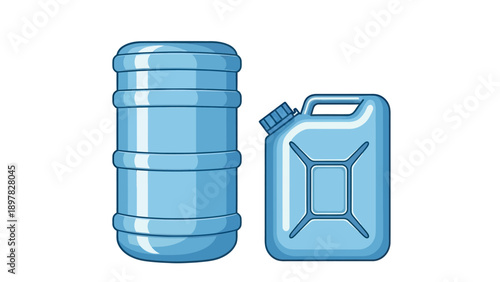 Large blue plastic water cooler bottle standing beside a smaller portable jerrycan container for versatile liquid storage and transport applications