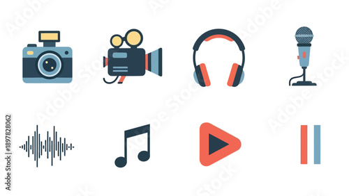Modern flat icons representing media creation and playback elements including camera video microphone sound music play pause for technology communication and entertainment projects