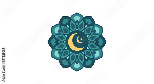 Islamic crescent moon and star inside decorative geometric mandala pattern