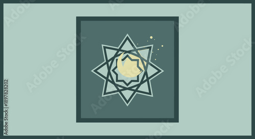Islamic geometric star pattern with cracked crescent moon inside square frame, traditional arabesque design, celestial motif in muted green tones