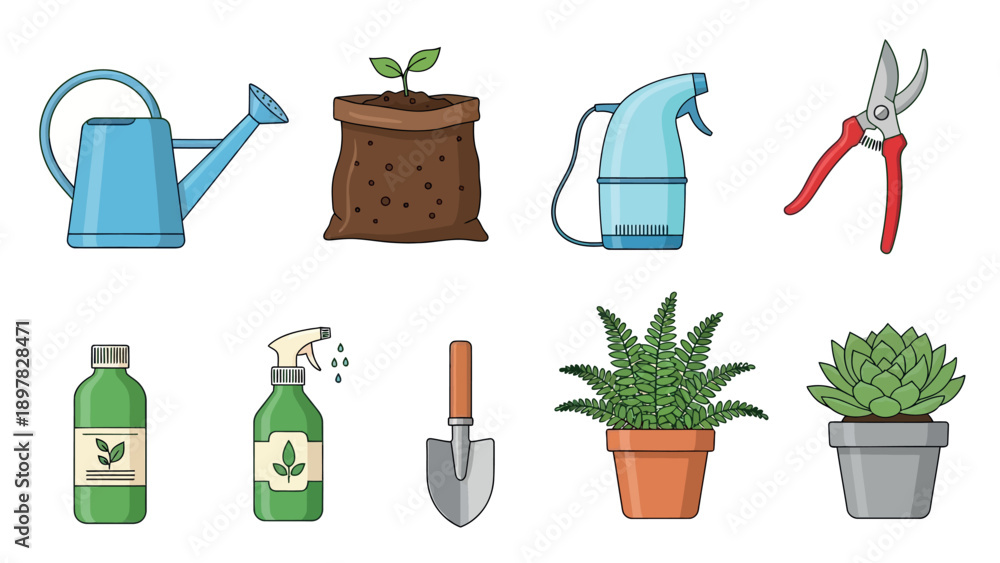 Fototapeta premium A diverse set of gardening essentials and live potted plants for cultivating a thriving home garden ideal for instructional guides landscaping projects or horticulture education