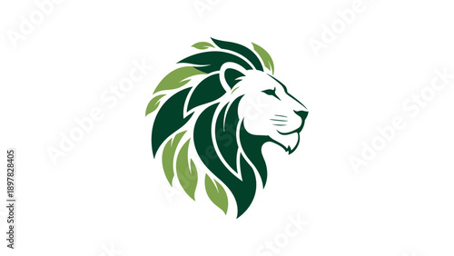 Green Lion Head Logo with Leaf Mane Symbolizing Nature and Strength