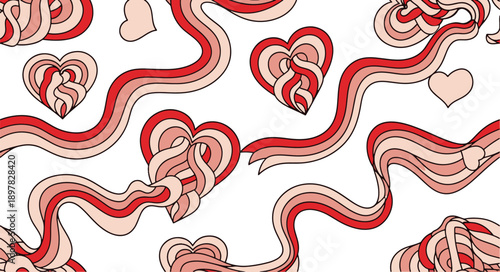 Love's Winding Paths: A vibrant illustration showcasing flowing ribbons of love, adorned with intertwined hearts, perfect for conveying emotions of affection.