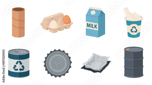 A varied selection of common recyclable waste products and industrial containers made from cardboard, plastic, and metal, perfect for promoting environmental awareness, waste management,