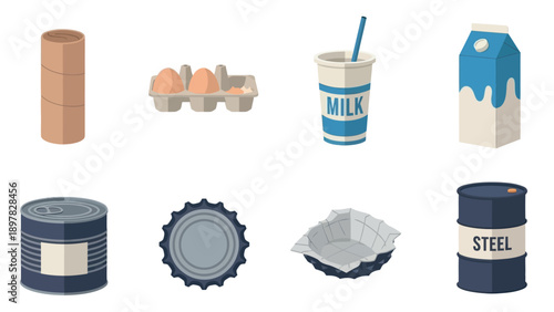 A comprehensive selection of everyday recyclable materials, featuring cardboard tubes, egg cartons, milk containers, metal cans, bottle caps, and steel barrels, perfect for promoting