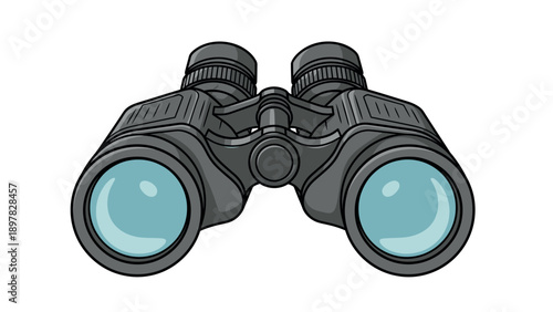 A sturdy dark grey pair of binoculars with bright blue lenses for exploring distant objects and discovering new perspectives suitable for adventure and travel themes