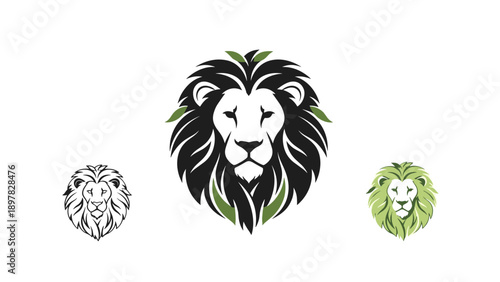 Majestic Lion Head with Green Leaf Mane Logo Design