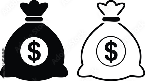 Monochrome Currency Sack Graphics for Financial Branding, Solid and Outline Money Bag Icons with Dollar Sign, vector, illustration, silhouette.