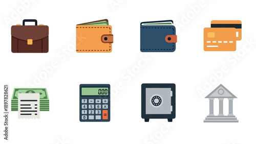 Financial business management collection featuring essential monetary icons including wallets, credit cards, bank, calculator, and briefcase for economic planning and security concepts
