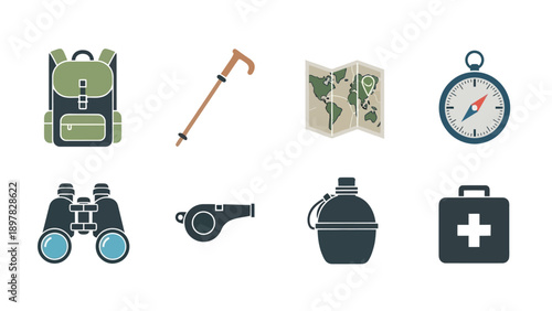 Essential outdoor adventure and travel equipment icons including backpack, navigation tools, safety gear, hydration, and medical supplies for themed presentations.