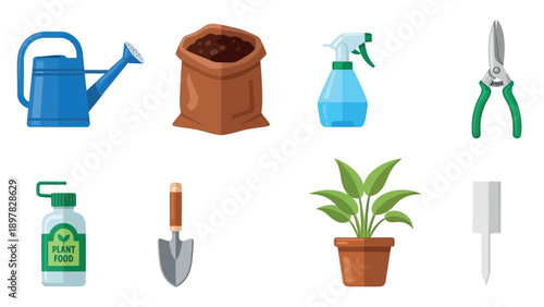 Comprehensive collection of gardening tools and supplies for planting, watering, and nurturing plants, perfect for educational materials or home improvement content.