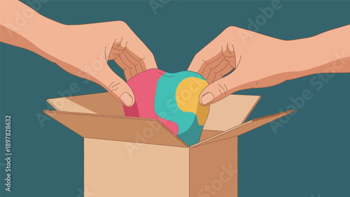 Two hands gently placing a vibrant multicolored heart into a brown cardboard box, symbolizing acts of giving, sharing, and delivering care for concepts related to charity, compassion, and