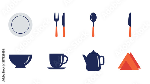 A collection of essential dining and kitchenware items presented as simple graphic symbols, perfect for use in menus, culinary applications, or food service industry branding.
