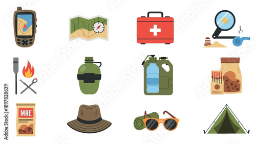 A collection of outdoor survival and camping essentials, featuring navigation tools, a first aid kit, fire starter, food, water, sun protection, and a tent for wilderness preparedness and