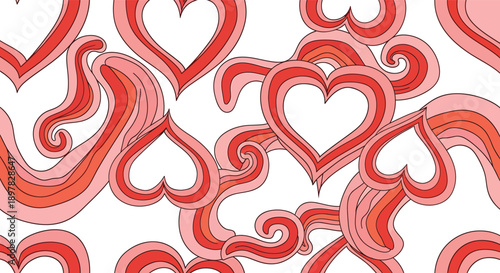 Artistic Hearts in Motion: A vibrant display of intertwined, heart-shaped forms, each with unique curves and gradients of red and pink, creating a flowing, dynamic design.