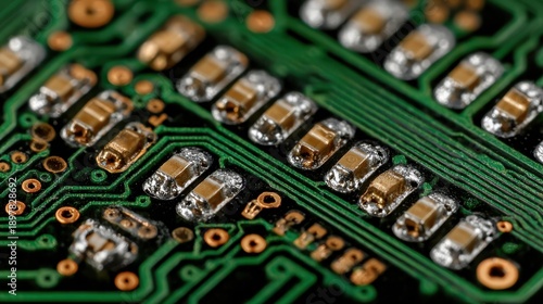 Close-Up of Electronic Circuit Board with Resistors and Capacitors